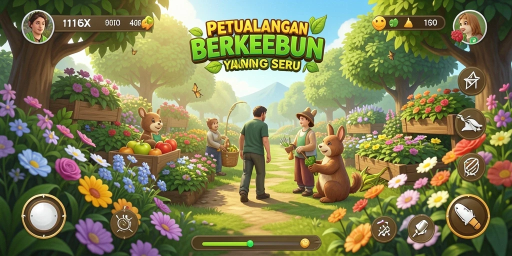 Tampilan gameplay 116X dengan kebun yang indah dan tanaman subur.