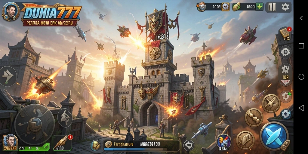 Screenshot gameplay DUNIA777 menampilkan aksi menara bertahan melawan musuh yang menyerang.