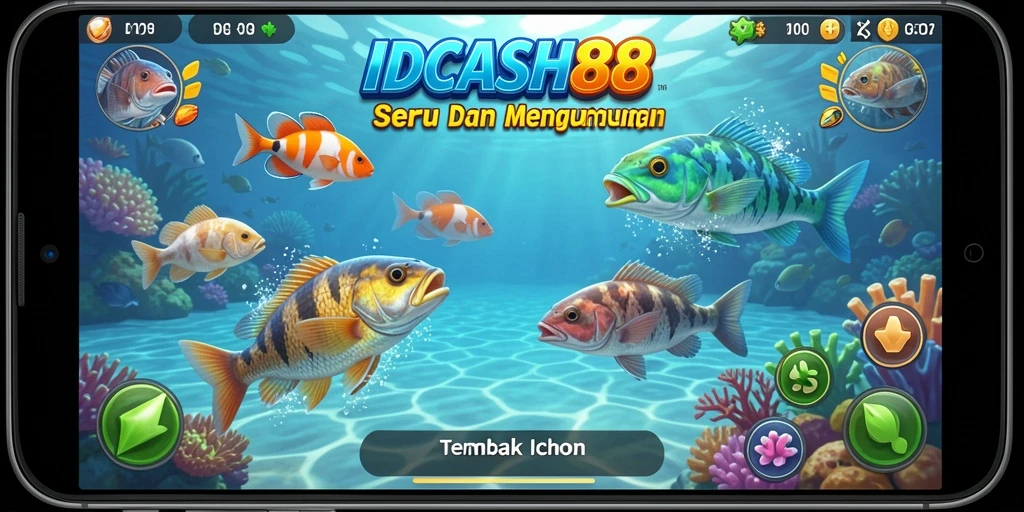 Tampilan screenshot gameplay IDCASH88 menunjukkan aksi tembak ikan yang seru.