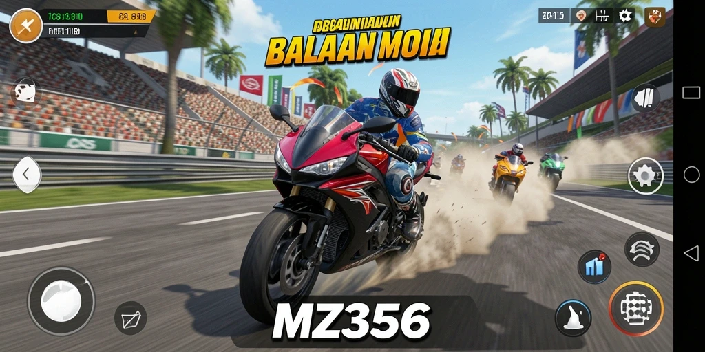 Tampilan gameplay MZ356 yang mendebarkan dengan sepeda motor balap.