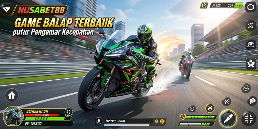 Gameplay seru NUSABET88 dengan motor balap di trek menantang.