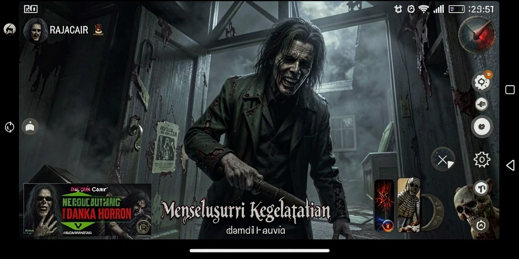 Tangkapan layar gameplay RAJACAIR yang menegangkan dengan suasana horor.