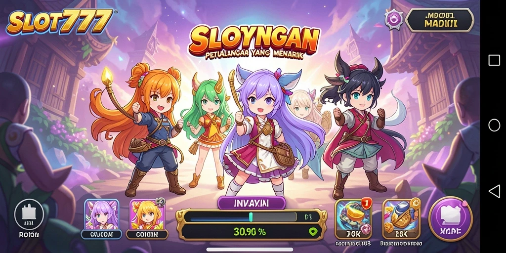 Tampilan gameplay SLOT777 yang penuh warna dan karakter anime.