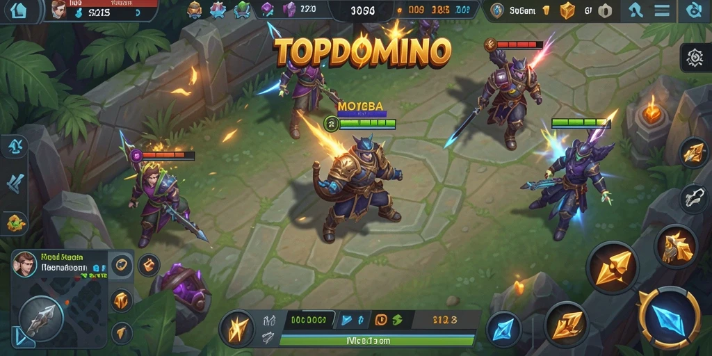 Tangkapan layar utama <strong>TOPDOMINO</strong> menunjukkan aksi pertarungan MOBA yang intens.